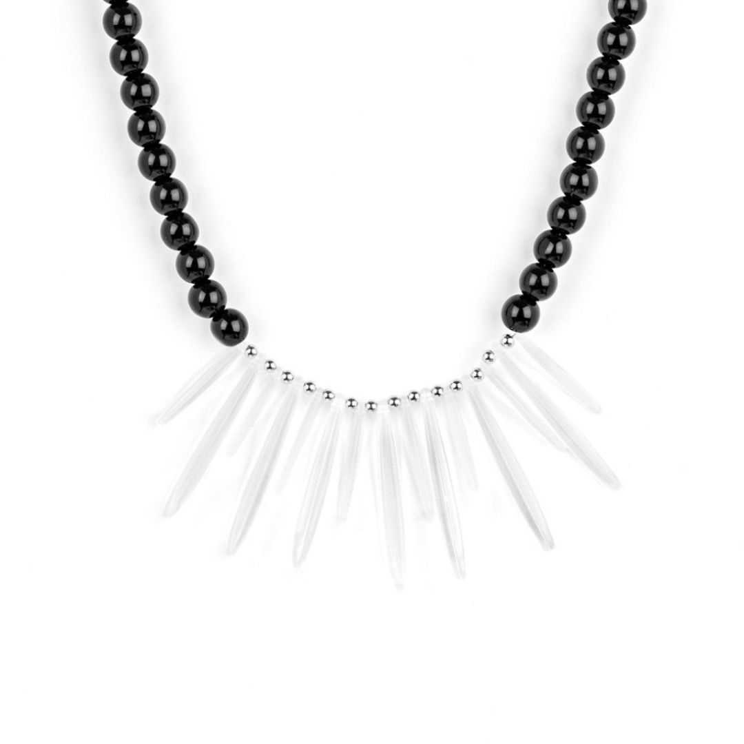 Paparazzi Black Silver Spike Necklace Icy Intimidation Acrylic Pendant Fashion